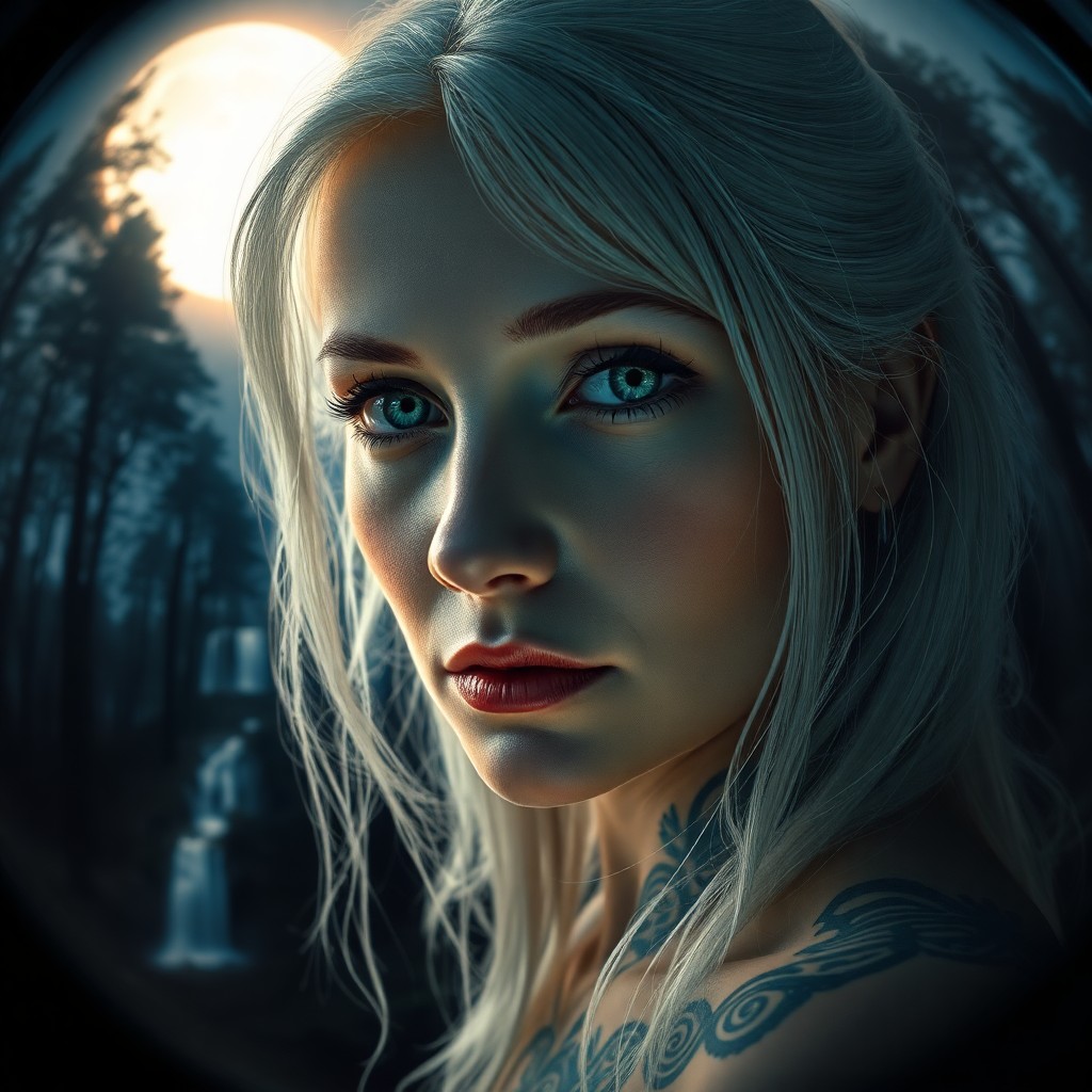 AI generated art for prompt: Envision an enigmatic Slavic woman with piercing emerald eyes, her serene midnight forest backdrop i