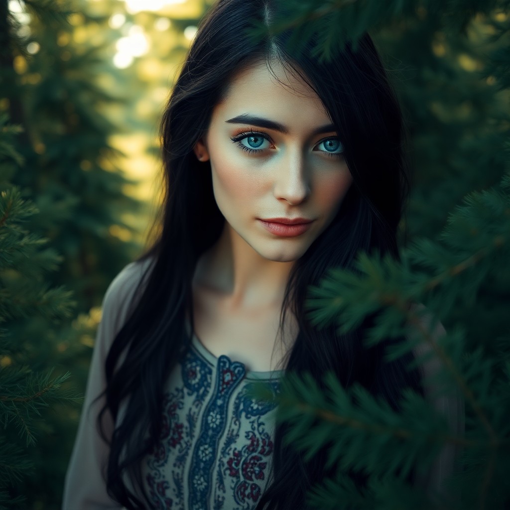 AI generated art for prompt: A film camera captures a serene Slavic woman's tranquil gaze, her blue eyes mirroring the soft dawn 