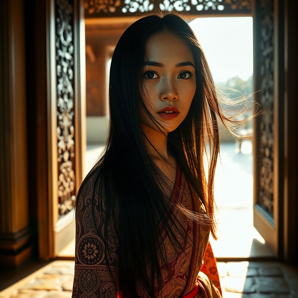 AI generated art for prompt: Craft a photorealistic portrait of a Southeast Asian woman with smooth skin and expressive dark eyes