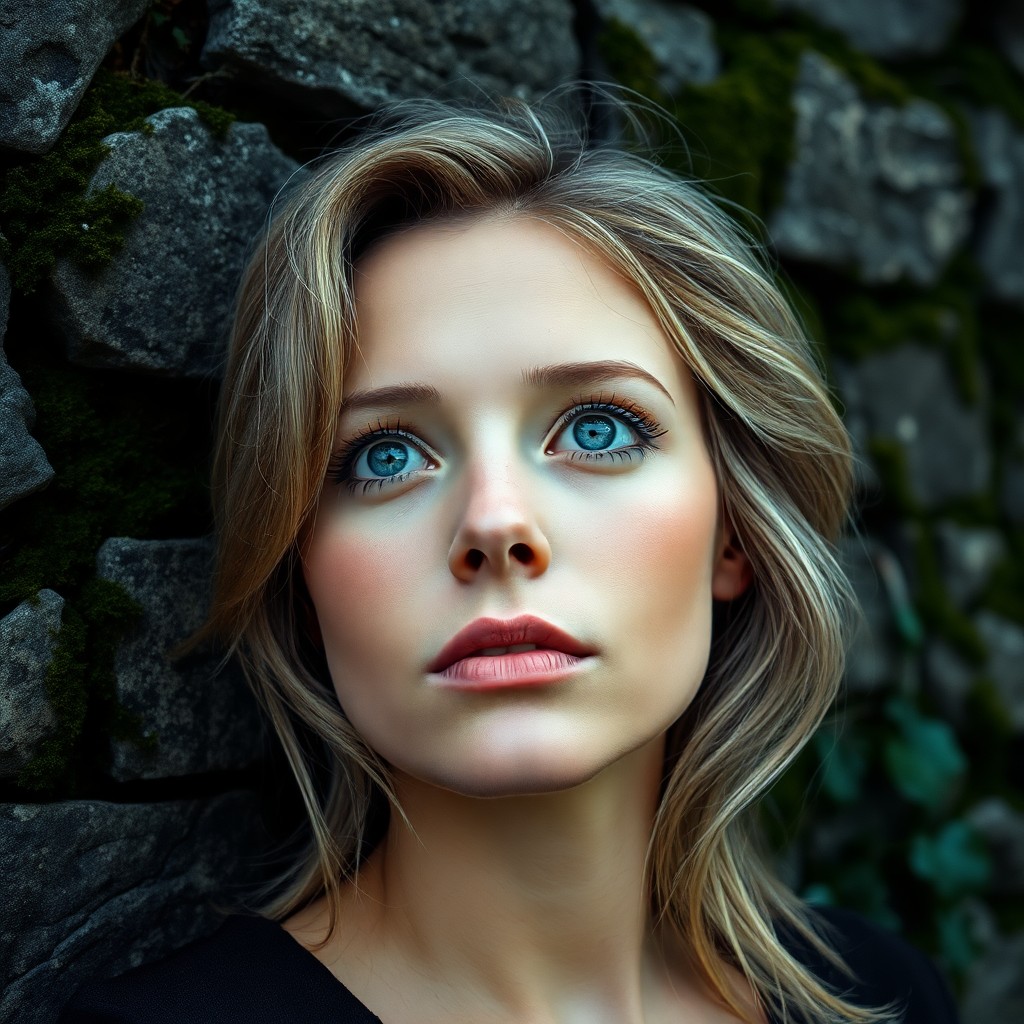 AI generated art for prompt: A photorealistic portrait photograph showcases a European woman with piercing blue eyes and ash-blon