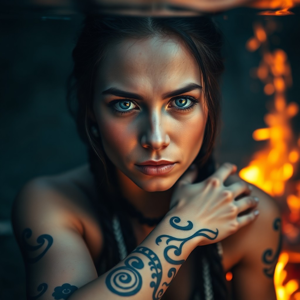 AI generated art for prompt: Craft a photorealistic portrait of an enigmatic Native American woman with piercing blue eyes and in