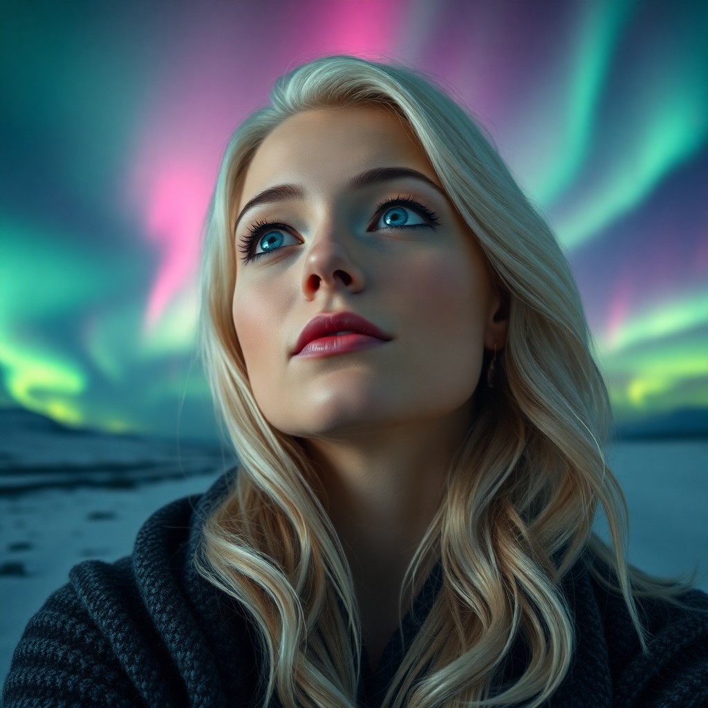 AI generated art for prompt: A portrait photograph depicts a European woman with icy blue eyes and platinum blonde hair cascading