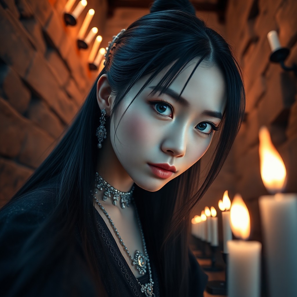 AI generated art for prompt: A photorealistic portrait photograph showcases an enigmatic East Asian woman with piercing ice-blue 