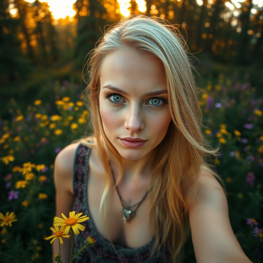 AI generated art for prompt: Craft a photorealistic portrait of a Nordic woman in her mid-thirties with striking green eyes and d