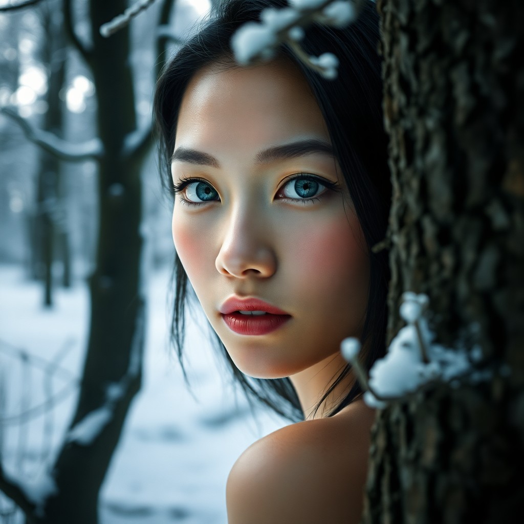 AI generated art for prompt: Envision a captivating portrait photograph of an East Asian woman with icy blue eyes and raven hair,