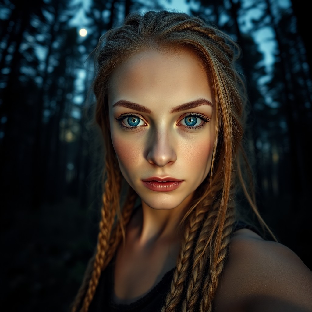 AI generated art for prompt: Imagine a serene portrait of a Nordic woman with piercing blue eyes, fair skin, and intricately brai