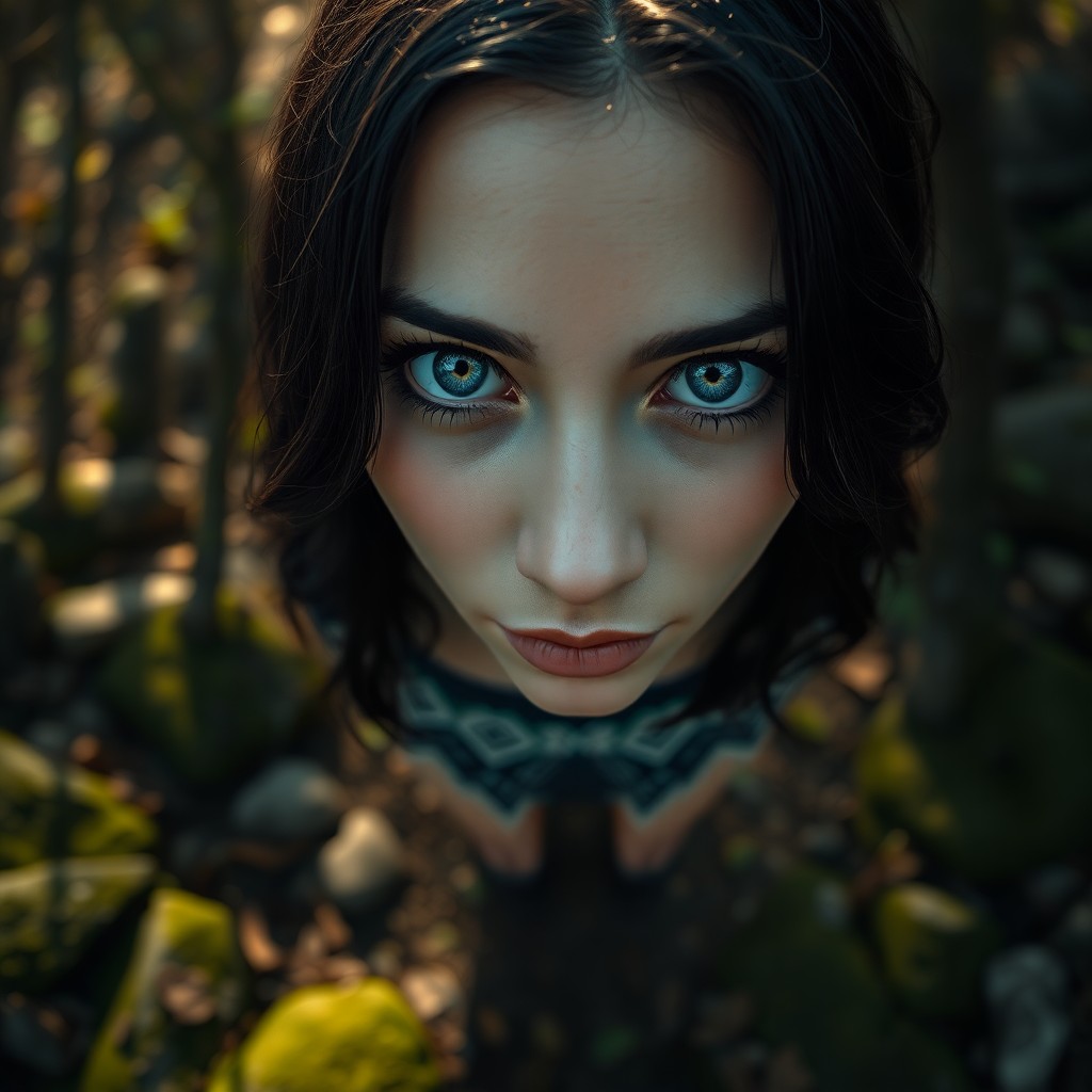 AI generated art for prompt: A photorealistic portrait depicts a Hispanic woman with captivating blue eyes and dark hair, her eni