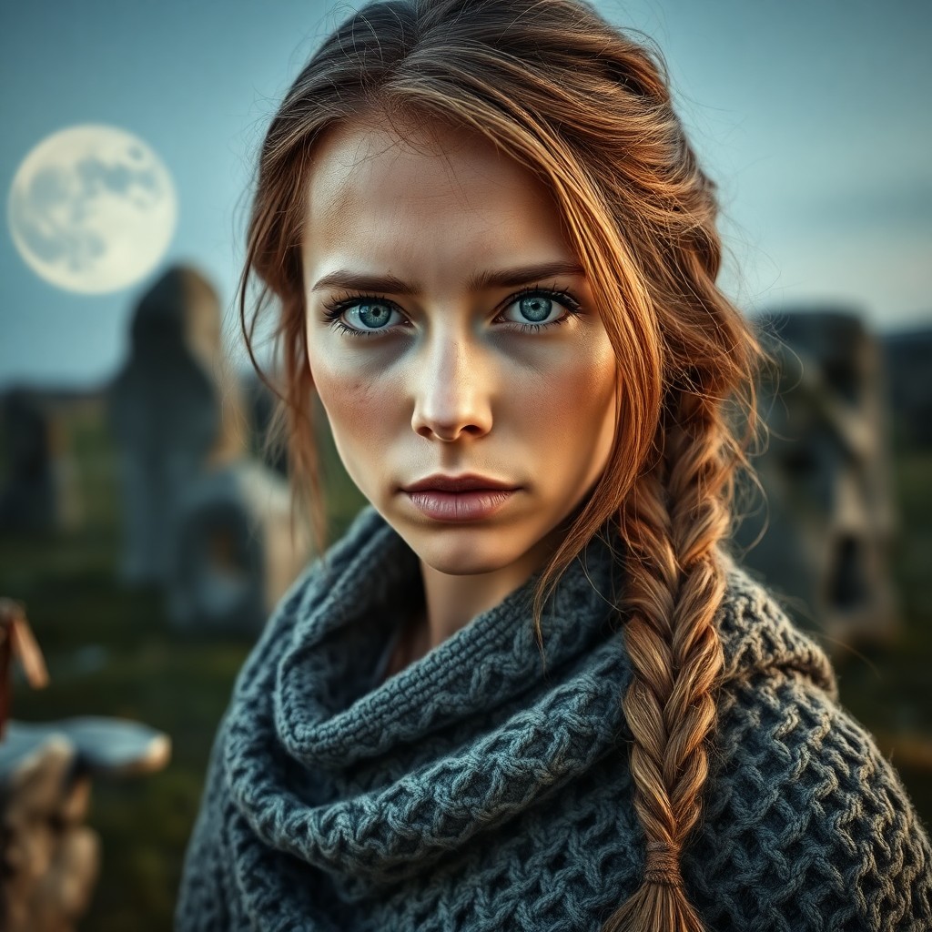 AI generated art for prompt: A portrait photograph captures an enigmatic European woman with piercing blue eyes and golden-brown 