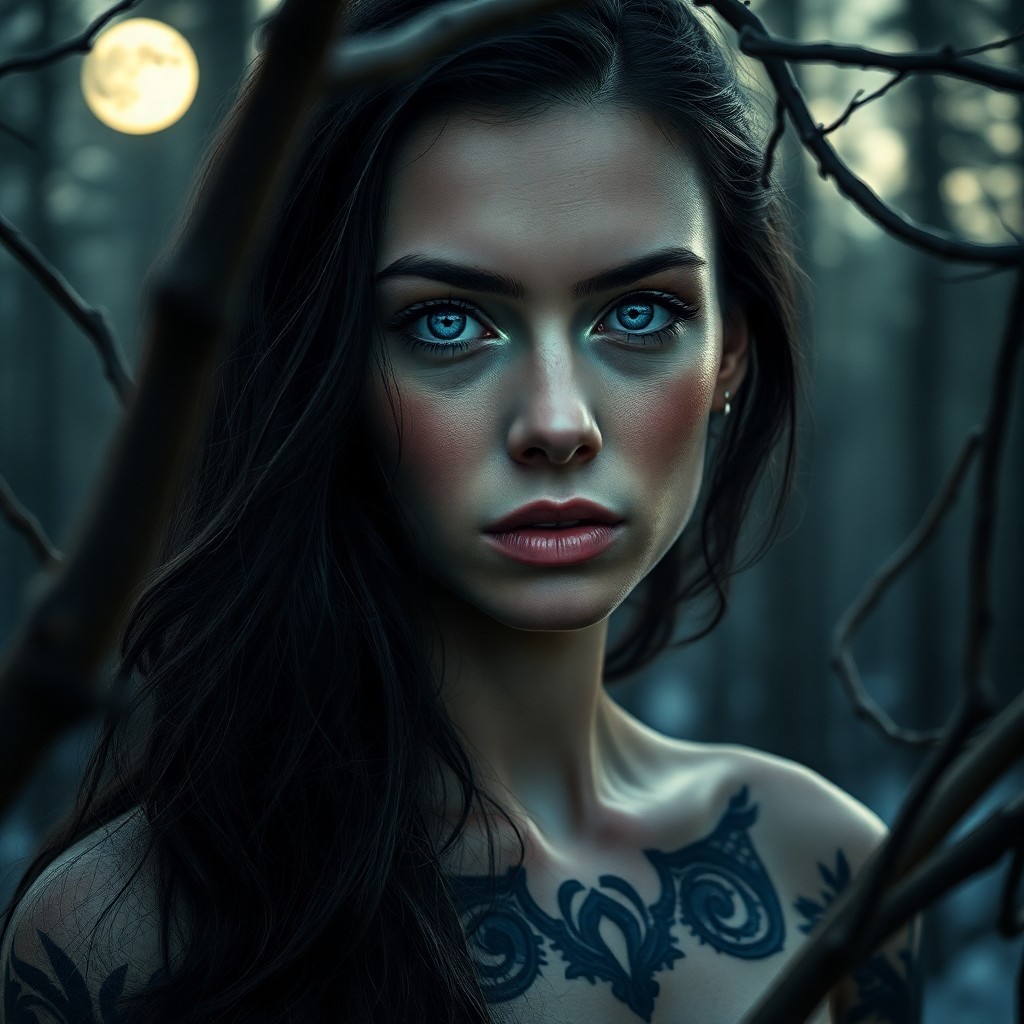 AI generated art for prompt: A serene portrait photograph depicts an enigmatic Nordic woman with piercing blue eyes and intricate