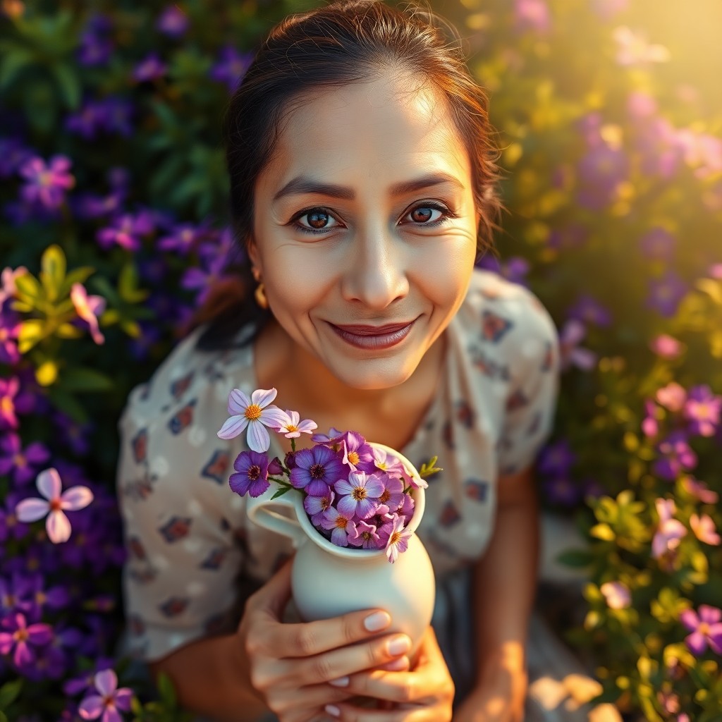 AI generated art for prompt: A serene South Asian woman with captivating brown eyes and a wise, warm expression sits amidst vibra