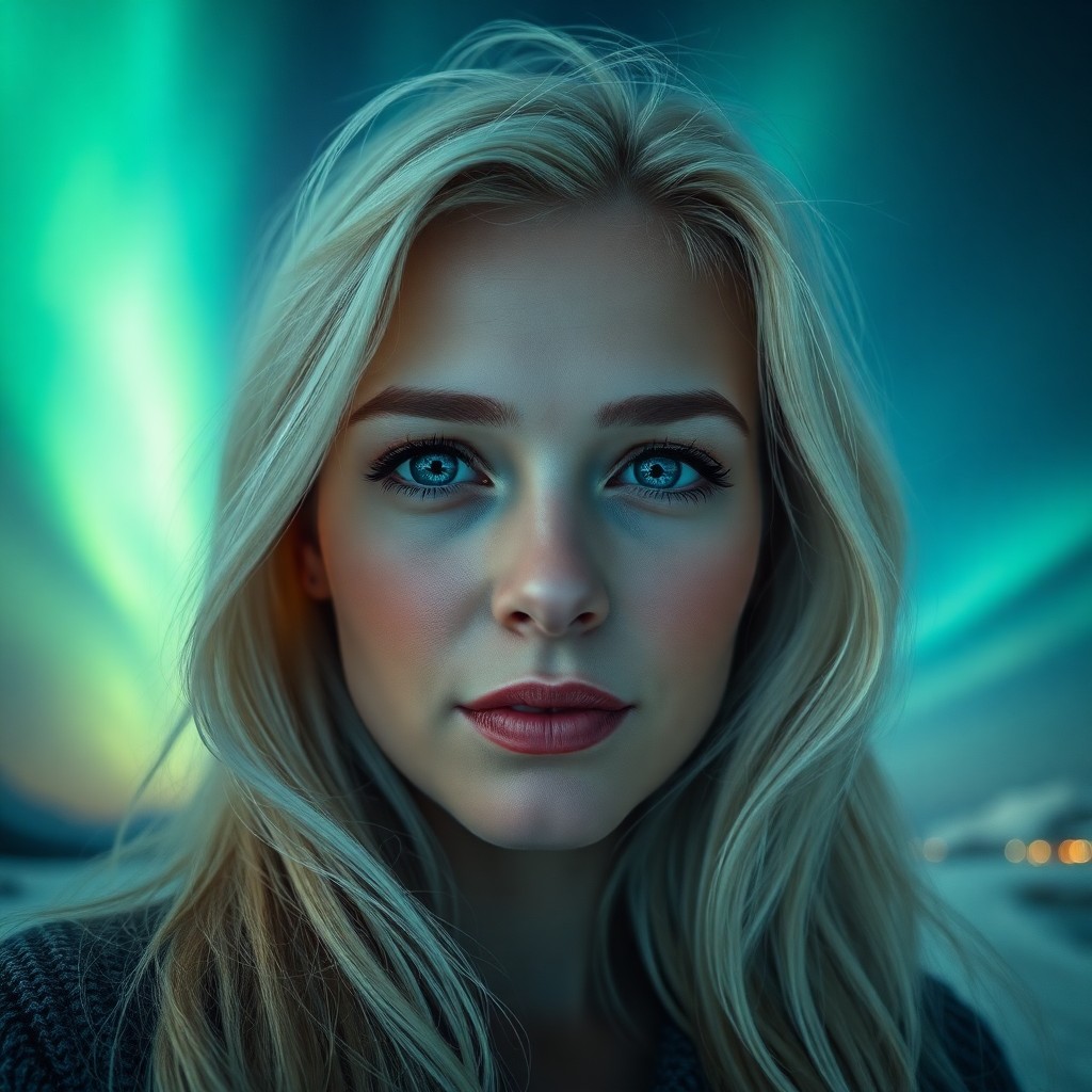 AI generated art for prompt: A portrait photograph showcases a European woman with captivating ice-blue eyes and flowing platinum