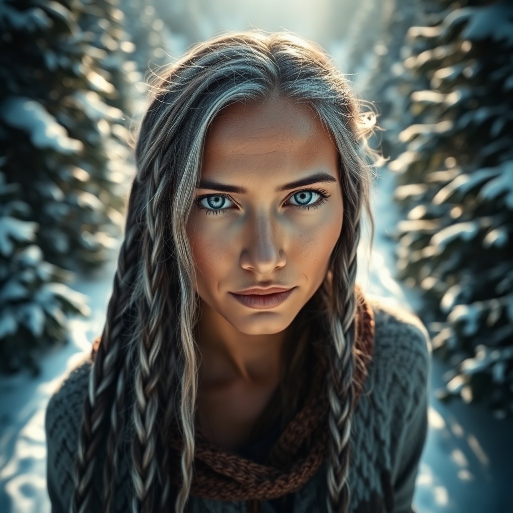 AI generated art for prompt: A portrait photograph featuring a Hispanic woman with striking ice-blue eyes and long braids streake