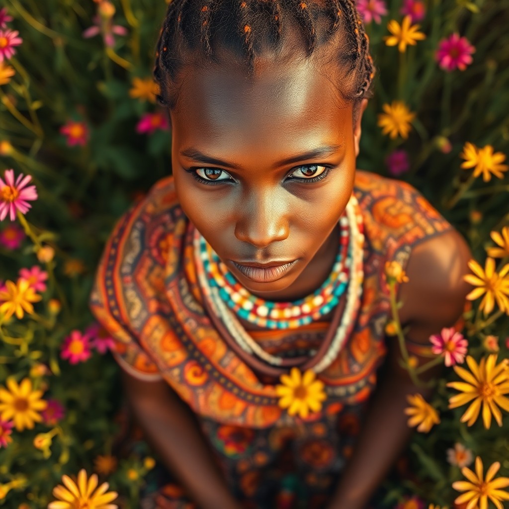 AI generated art for prompt: A photorealistic portrait showcases an African woman's enigmatic presence, her warm honey-toned skin