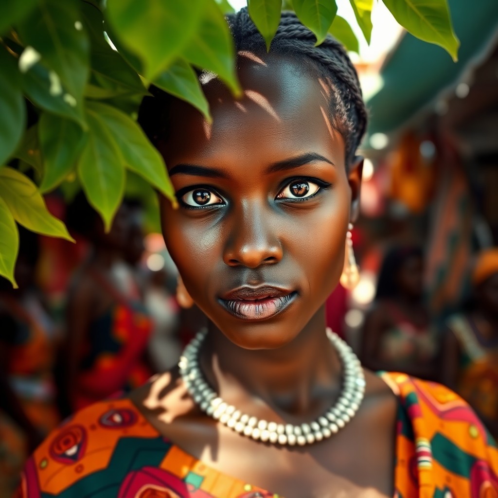 AI generated art for prompt: A photorealistic portrait captures an African woman's enigmatic gaze, her smooth coffee-toned skin c