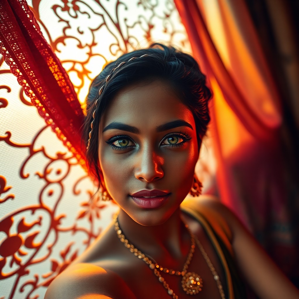 AI generated art for prompt: Envision a smartphone portrait, capturing an enigmatic South Asian woman with captivating green eyes