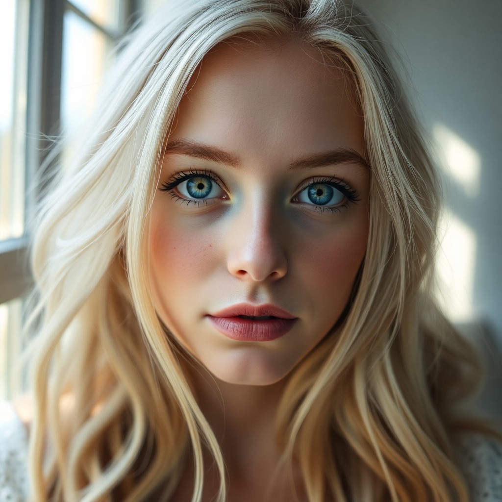 AI generated art for prompt: A captivating hyperrealistic portrait features a Nordic woman with mesmerizing ice-blue eyes and flo