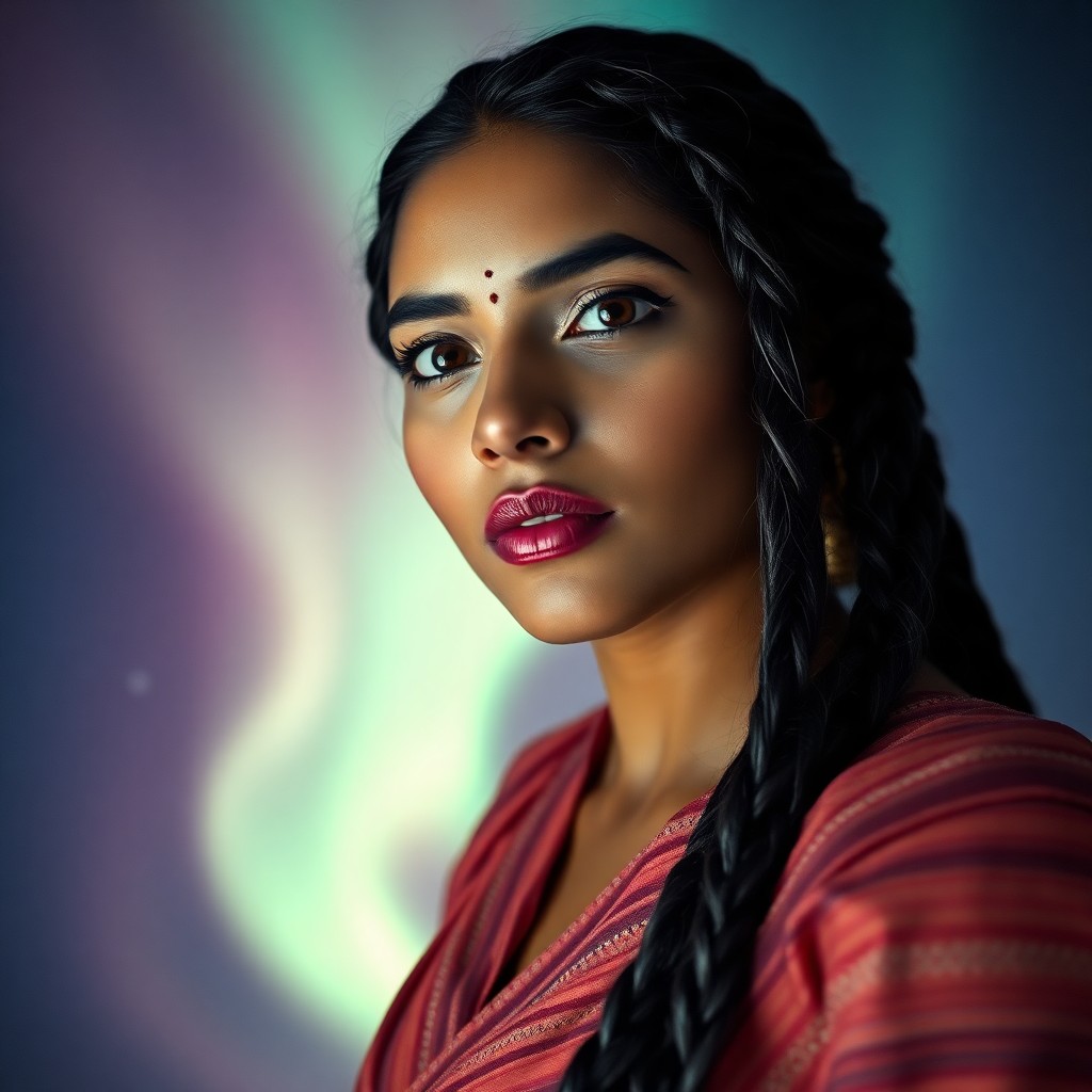 AI generated art for prompt: A digital camera captures an enigmatic South Asian woman amidst a shimmering aurora borealis dancing