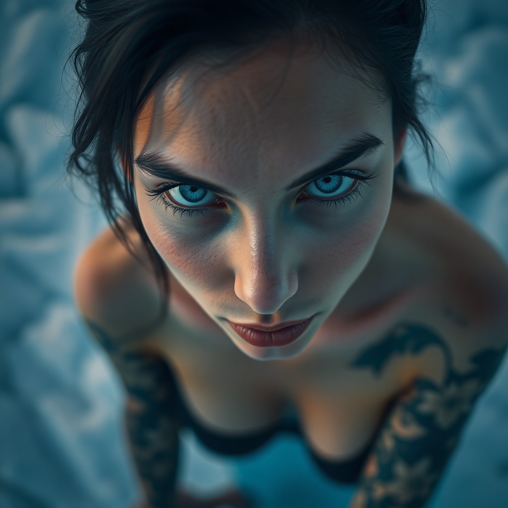 AI generated art for prompt: A DSLR captures an enigmatic Hispanic woman with striking ice-blue eyes and pale skin from a unique 