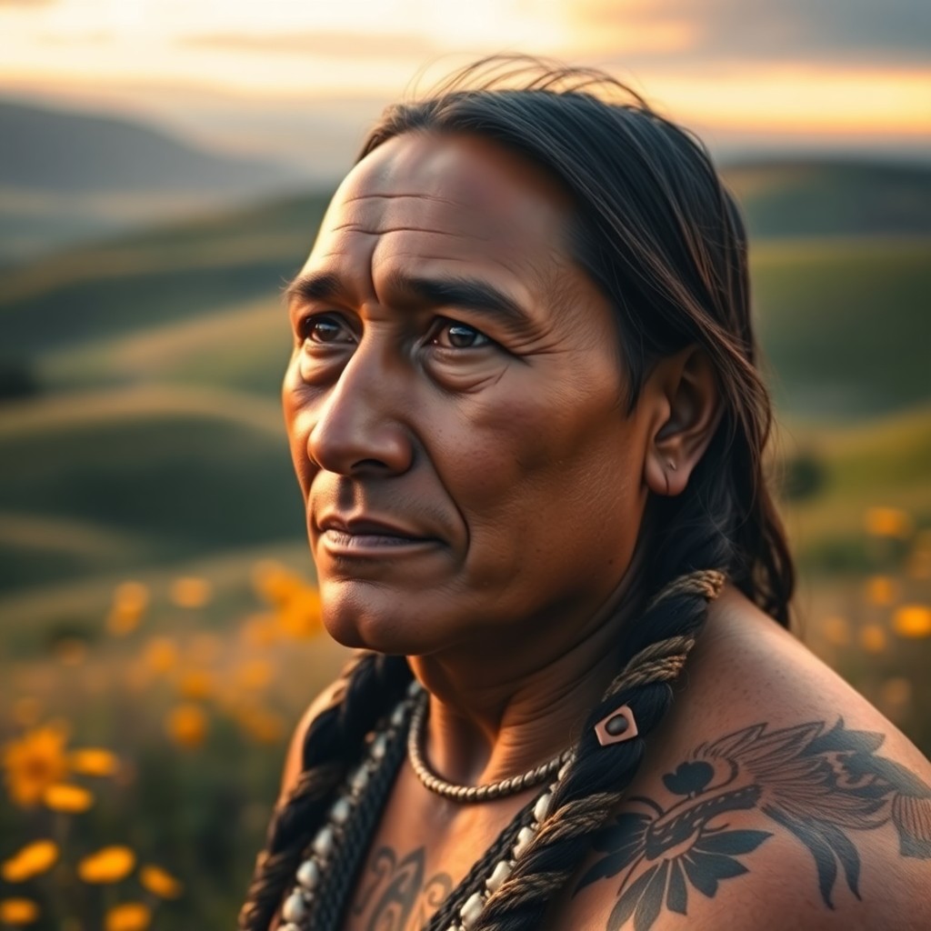 AI generated art for prompt: A photorealistic portrait captured on an iPhone showcases a Native American with deep brown eyes and