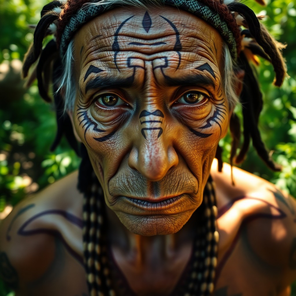 AI generated art for prompt: A photorealistic portrait photograph showcases an enigmatic Native American elder with deep brown ey