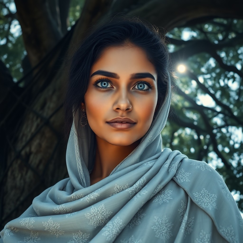 AI generated art for prompt: Envision a photorealistic portrait of a South Asian woman, her striking blue eyes and delicate fair 