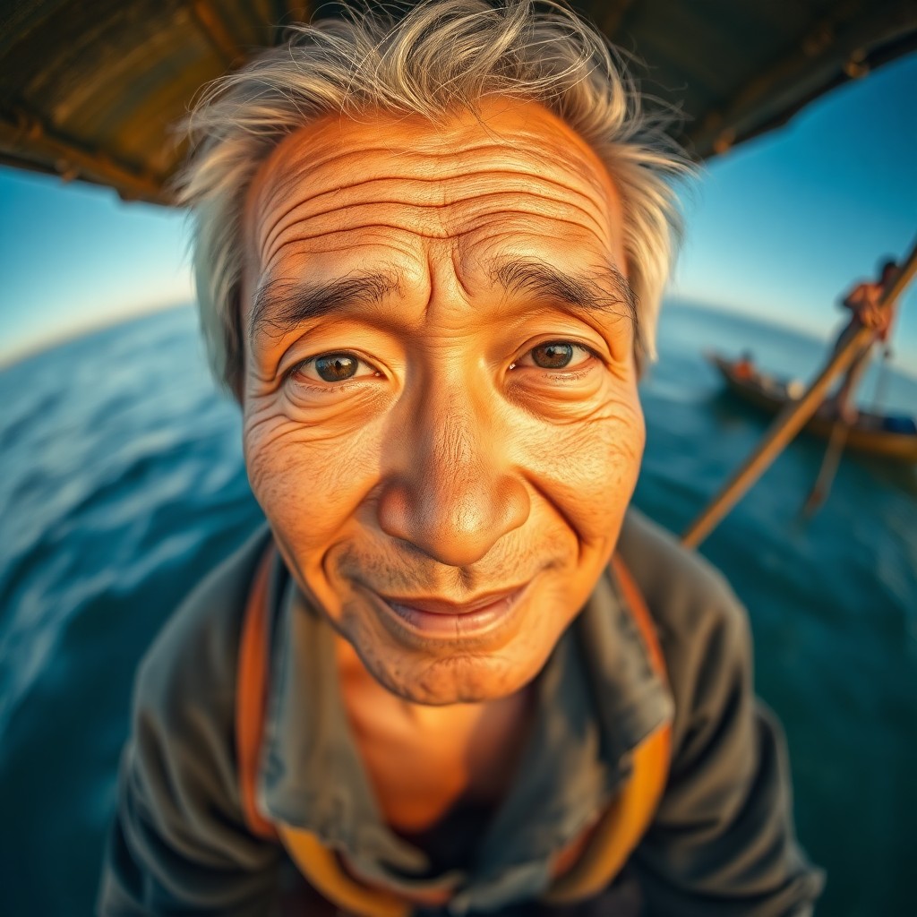 AI generated art for prompt: Envision a photorealistic portrait of an aged East Asian fisherman, his face etched with deep crease