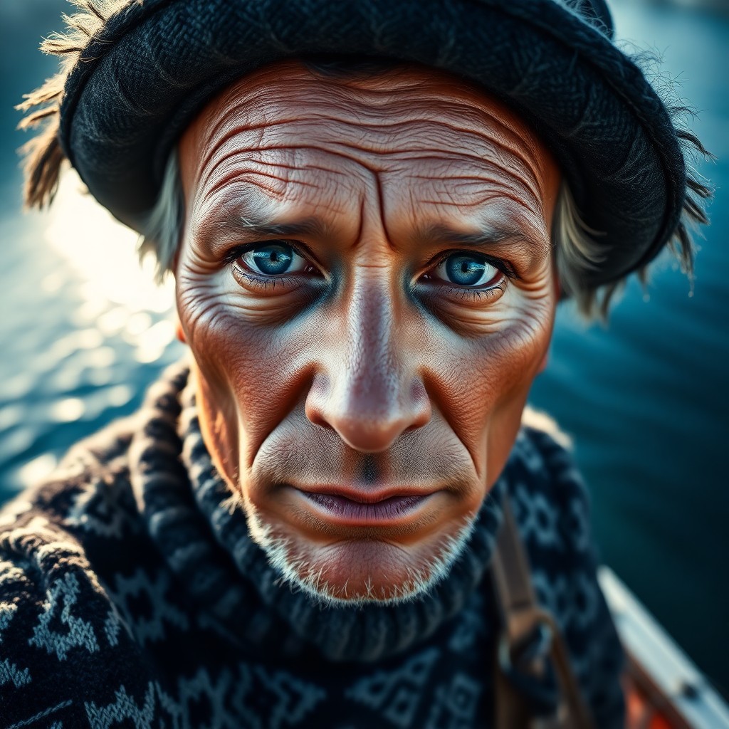 AI generated art for prompt: A photorealistic portrait photograph showcases a Native American fisherman with piercing blue eyes a