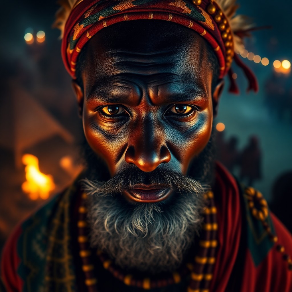 AI generated art for prompt: Envision a photorealistic portrait of an African tribal chief with captivating deep eyes and a disti