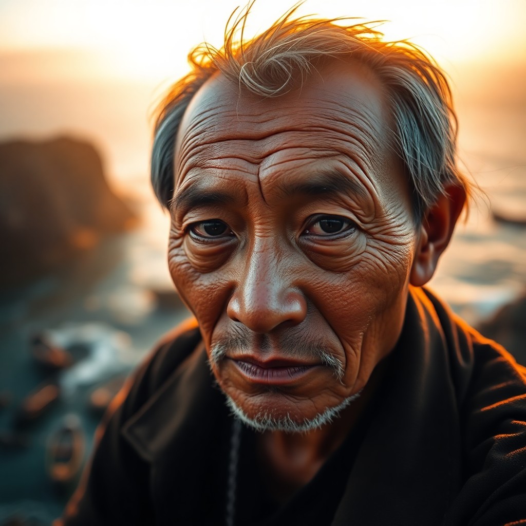 AI generated art for prompt: Envision a portrait of an East Asian fisherman, his deep oceanic eyes and sun-worn skin illuminated 