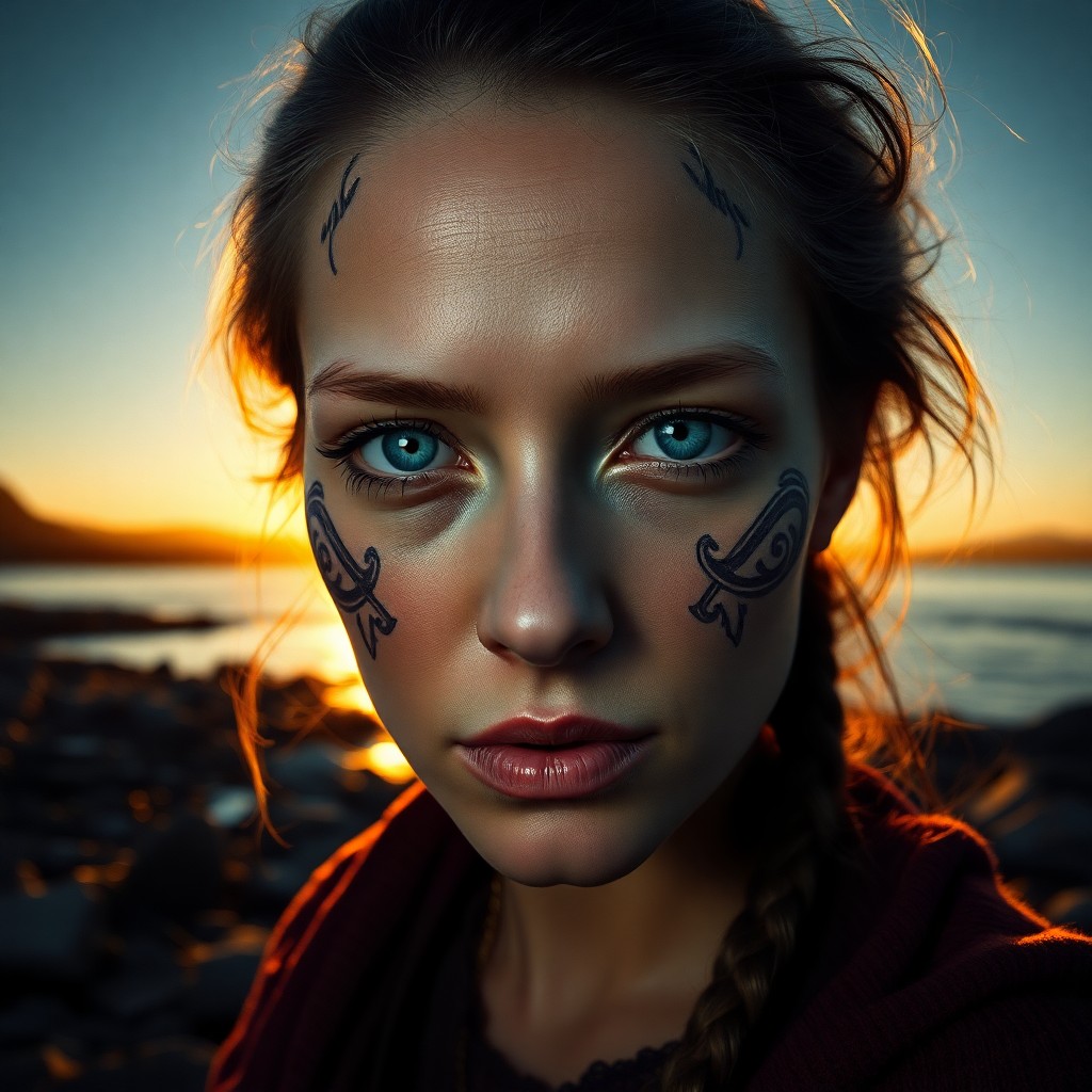 AI generated art for prompt: A super-realistic portrait of an enigmatic Nordic woman with piercing icy blue eyes and intricate Ma