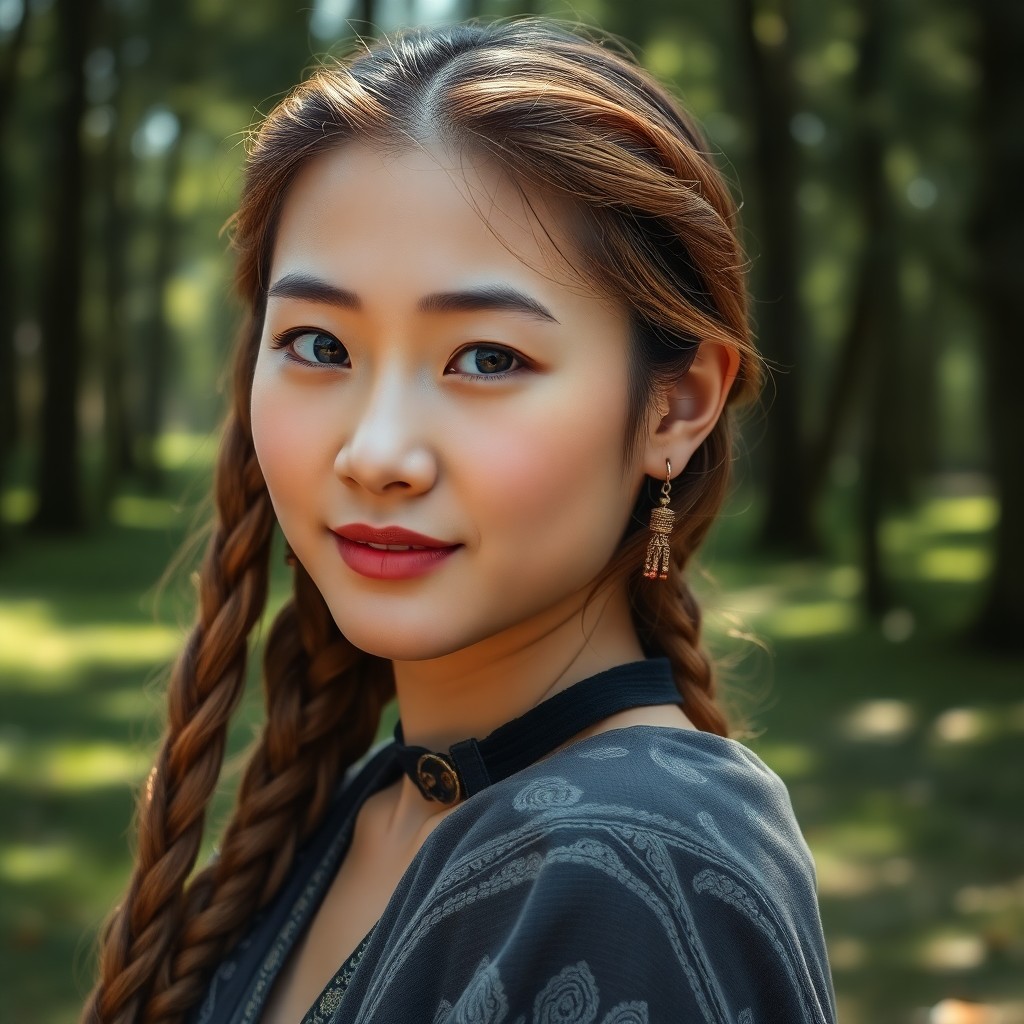 AI generated art for prompt: Craft a photorealistic portrait with a DSLR, focusing on an East Asian woman's piercing blue eyes an