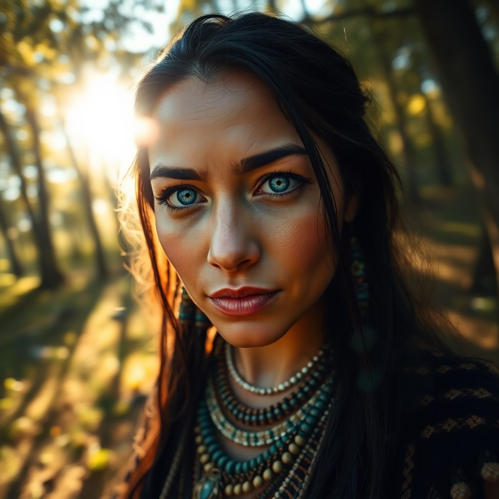 AI generated art for prompt: A photorealistic portrait captures a serene Native American woman with piercing blue eyes and raven-