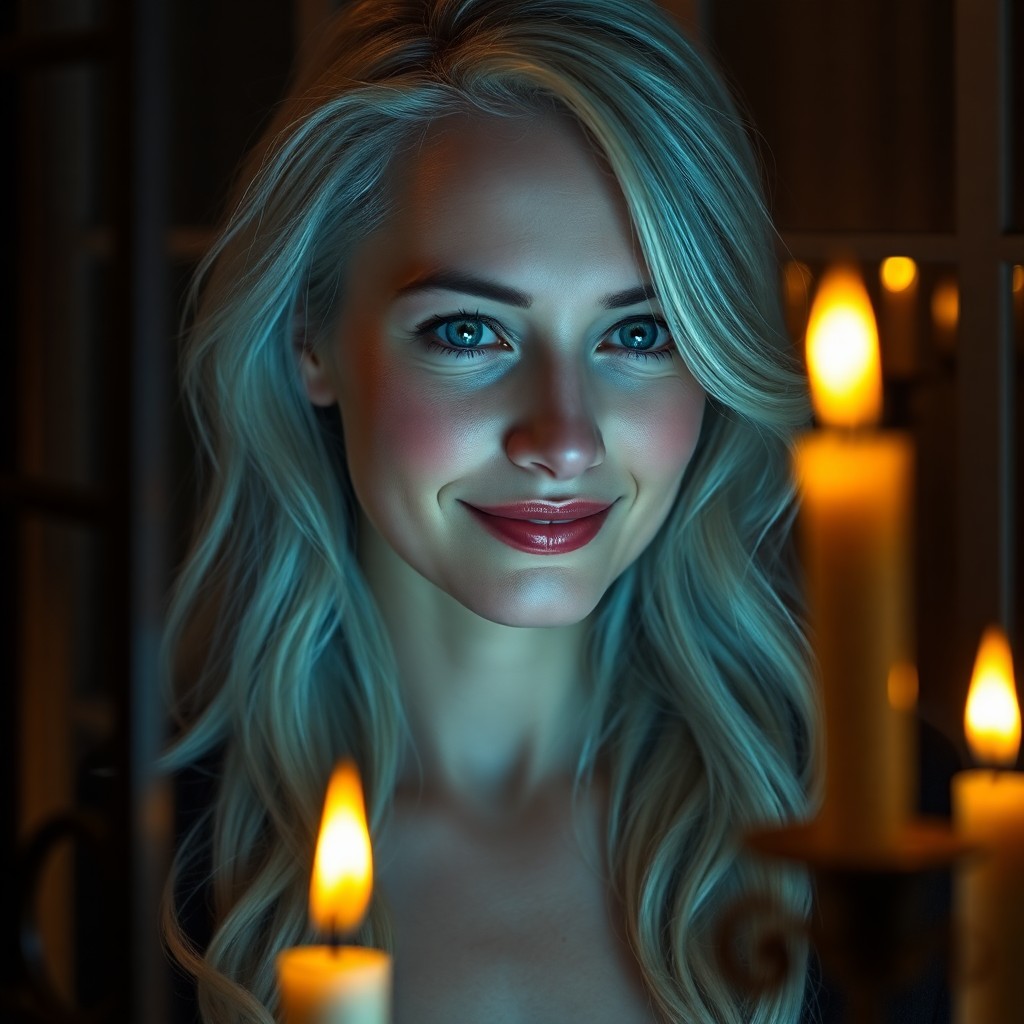 AI generated art for prompt: A Nordic woman, aged forty, with mesmerizing ice-blue eyes and flowing platinum hair, is illuminated