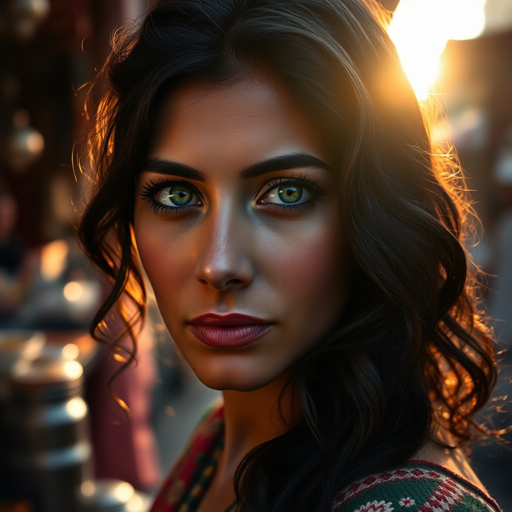 AI generated art for prompt: Imagine a digital portrait of a Middle Eastern woman, her dark wavy hair and captivating green eyes 