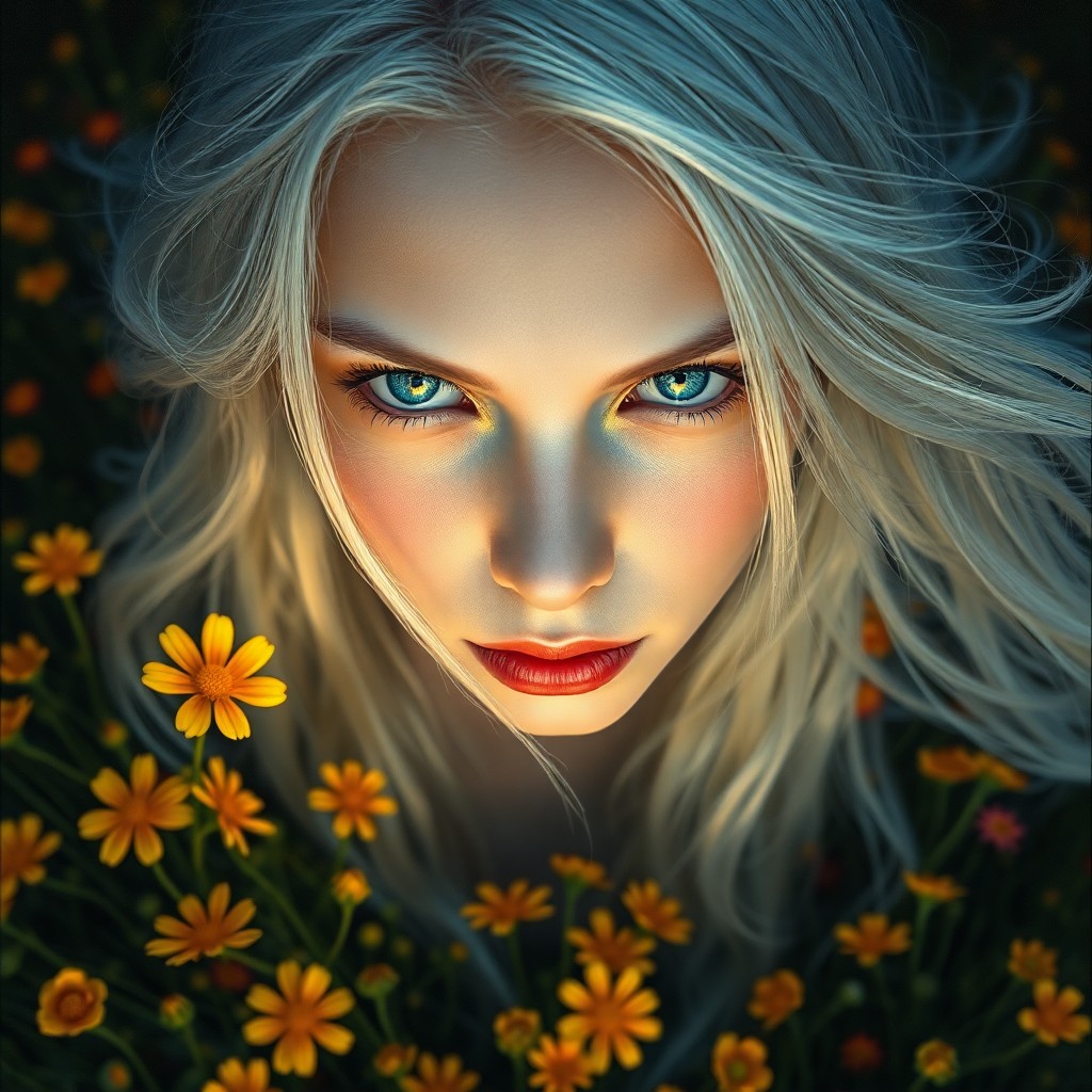 AI generated art for prompt: A photorealistic portrait depicts an enigmatic European woman with piercing ice-blue eyes and flowin