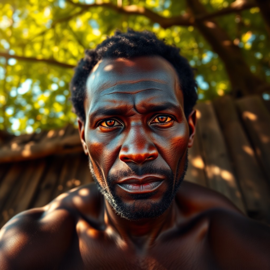 AI generated art for prompt: Envision a portrait of a 45-year-old African man with rich, dark skin and piercing brown eyes. Golde