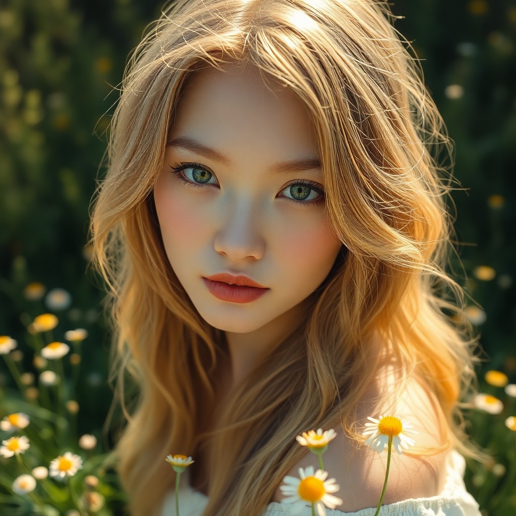 AI generated art for prompt: Envision a captivating portrait of an East Asian woman with mesmerizing green eyes and golden hair c