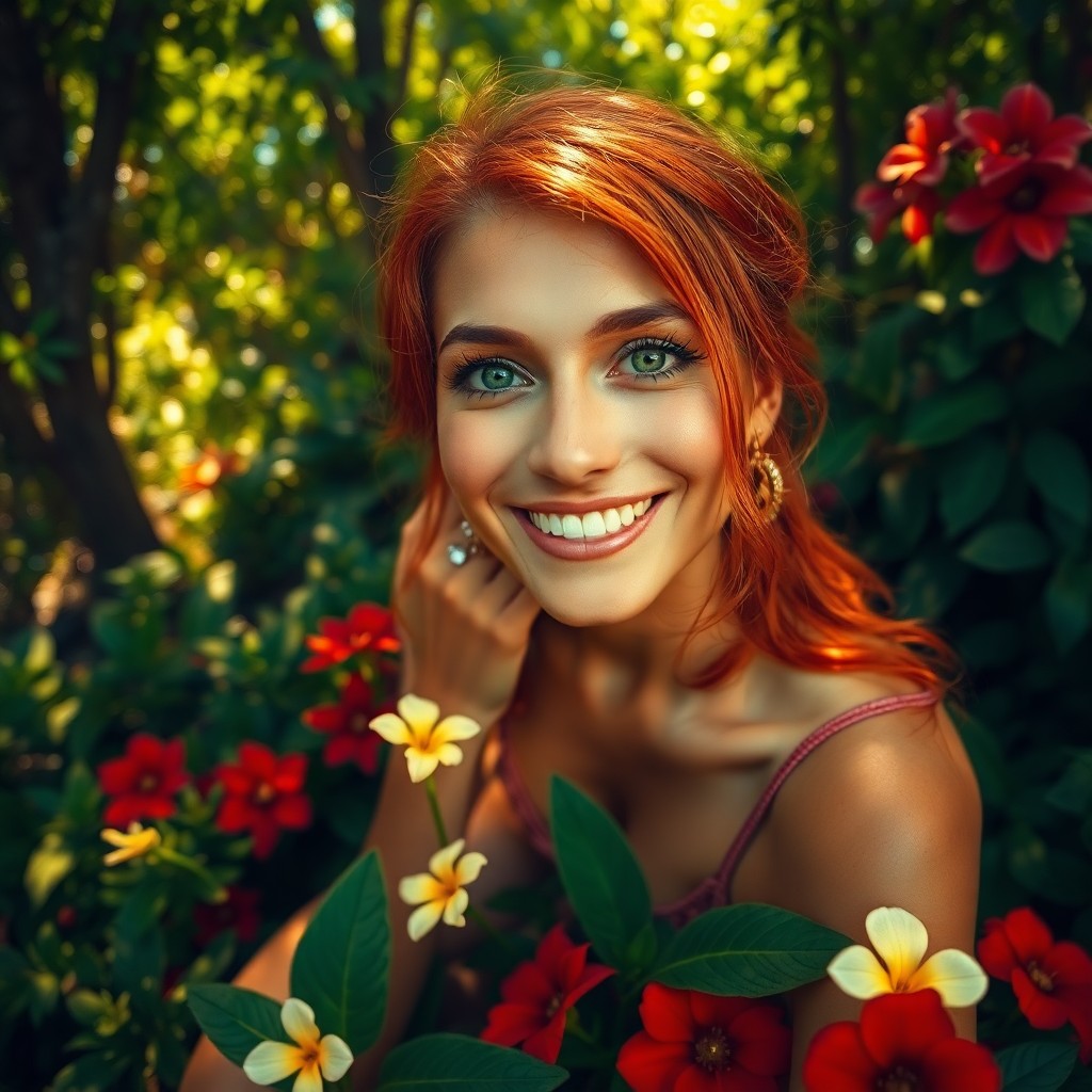 AI generated art for prompt: Craft a hyperrealistic portrait of a captivating South American woman with fiery red hair and mesmer