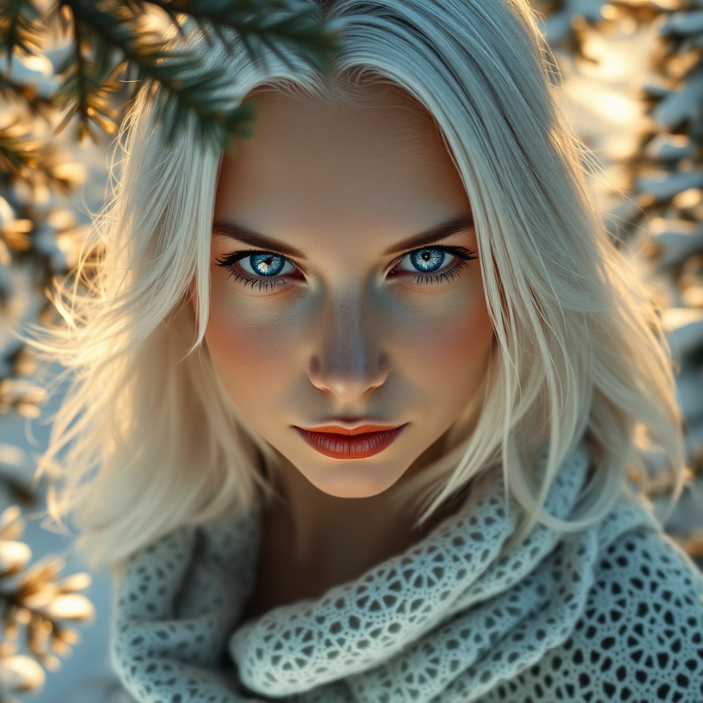 AI generated art for prompt: A super-realistic digital portrait showcases a Nordic woman's enigmatic allure: piercing ice-blue ey