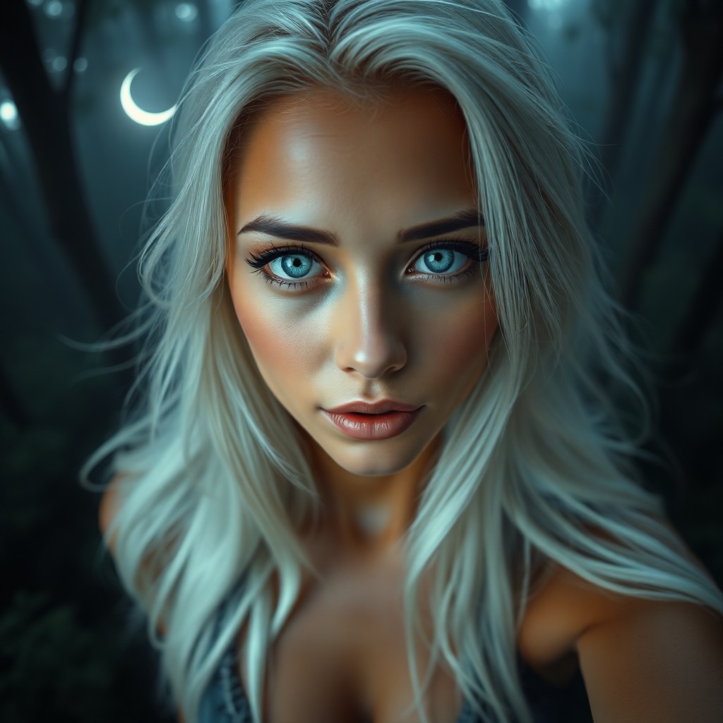 AI generated art for prompt: A captivating portrait photograph showcases an enigmatic Pacific Islander woman with piercing blue e