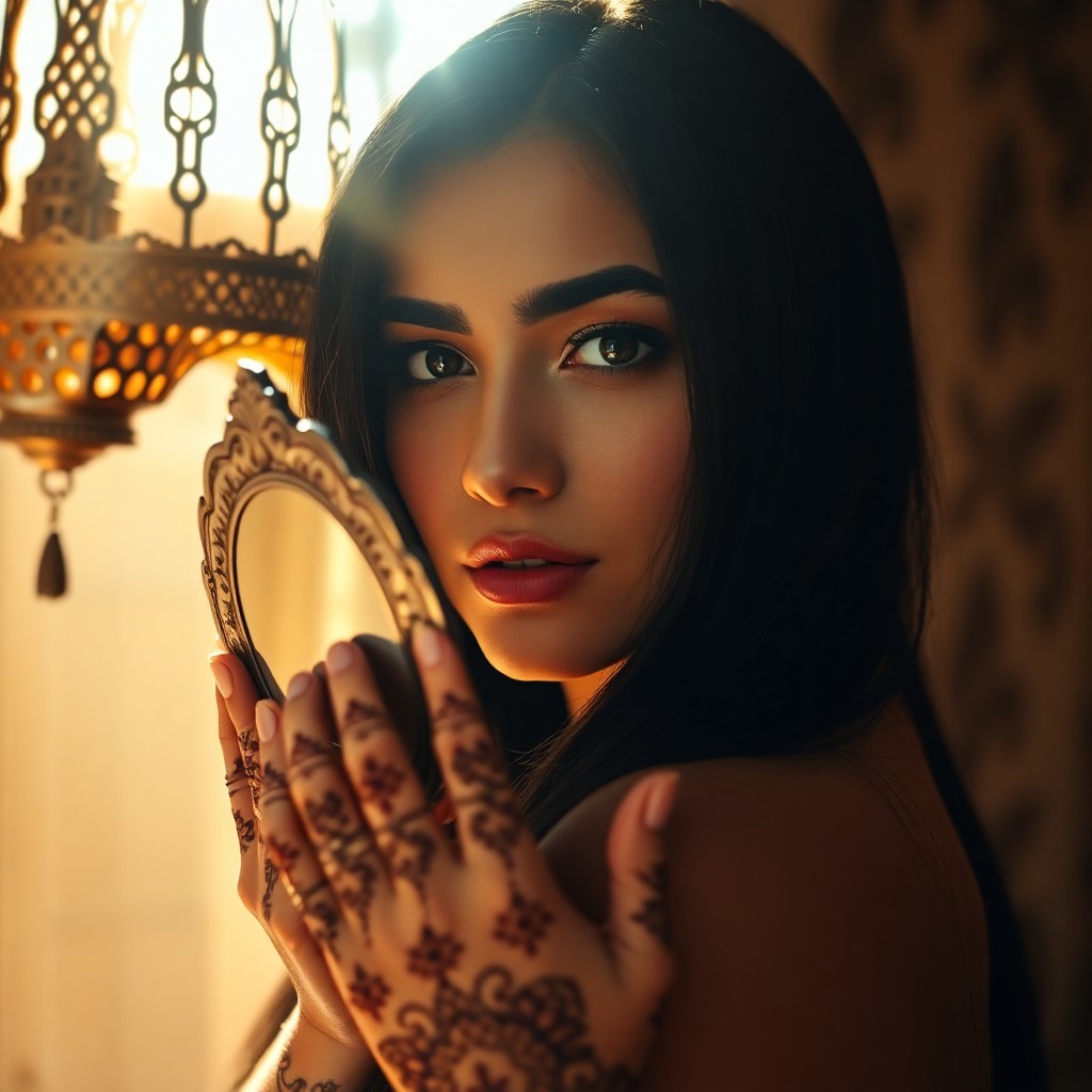 AI generated art for prompt: A portrait photograph immerses us in the captivating allure of a Middle Eastern woman with piercing 