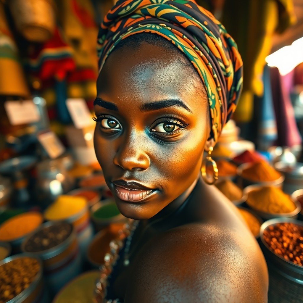 AI generated art for prompt: Envision a captivating portrait of an African woman with smooth, dark skin and mesmerizing green eye