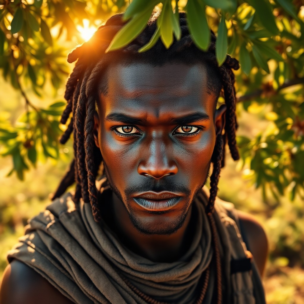 AI generated art for prompt: Envision a photorealistic portrait photograph showcasing an African warrior's stoic resolve and weat