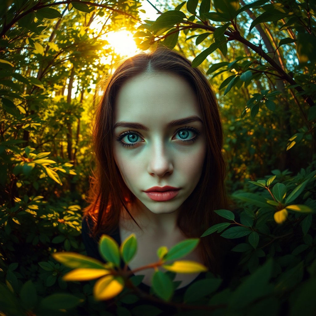 AI generated art for prompt: A smartphone camera captures a captivating portrait of an enigmatic Slavic woman with piercing green