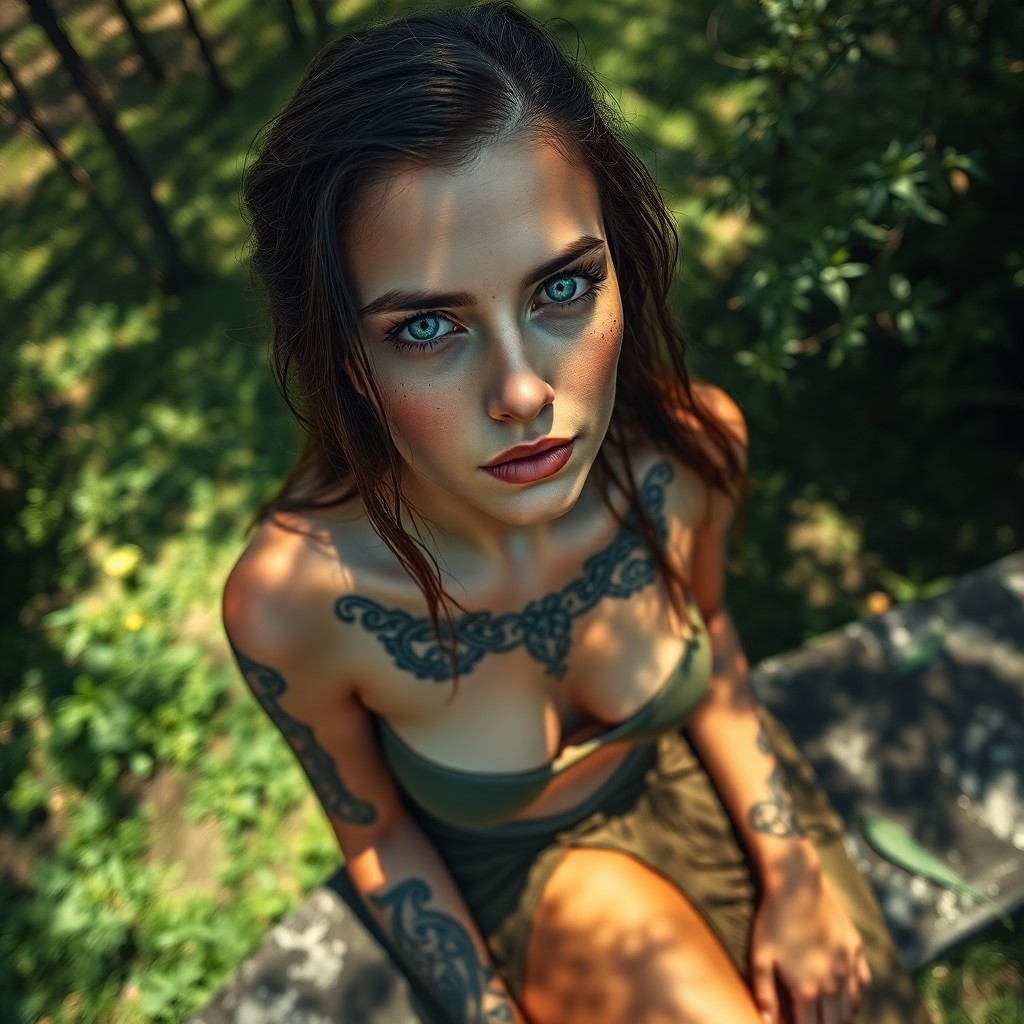 AI generated art for prompt: A photorealistic portrait presents an enigmatic European woman with piercing blue eyes and intricate