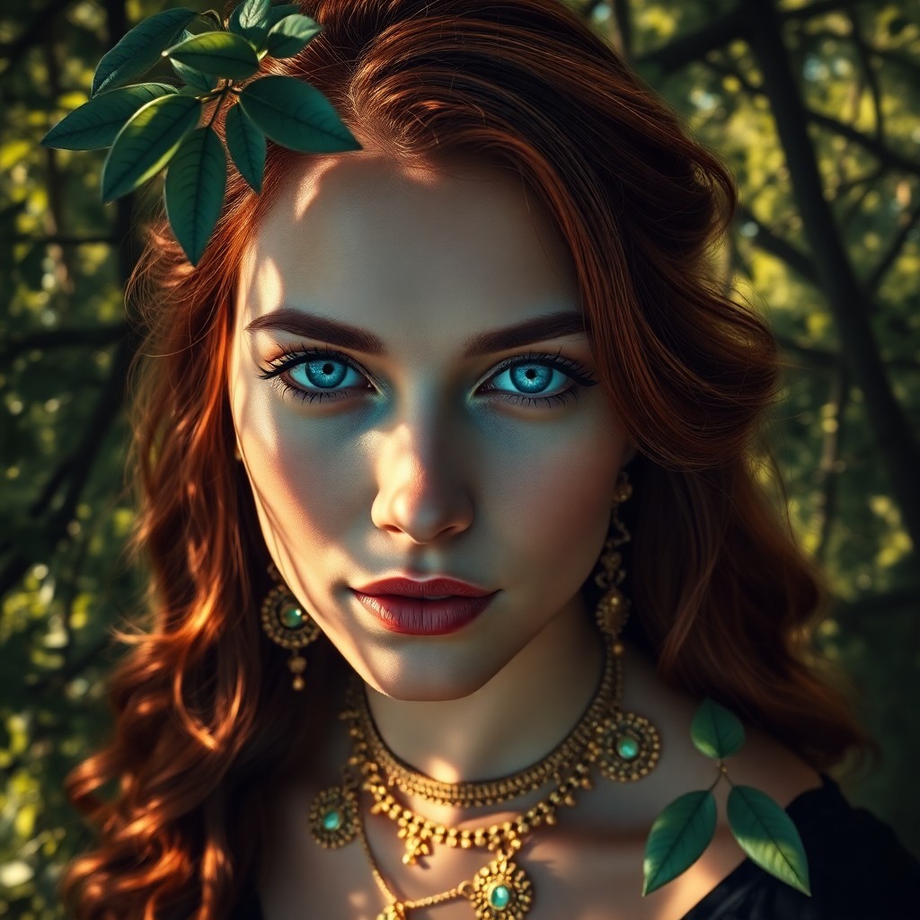 AI generated art for prompt: A super-realistic portrait showcases an enigmatic Hispanic woman with piercing blue eyes and cascadi