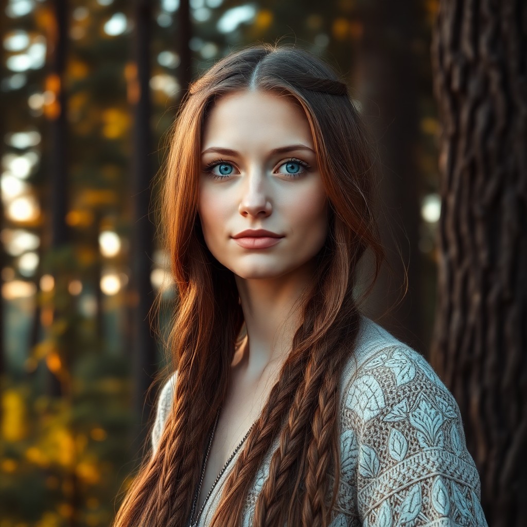 AI generated art for prompt: A Nordic woman with striking blue eyes and an enigmatic smile stands amidst ancient trees in a dense