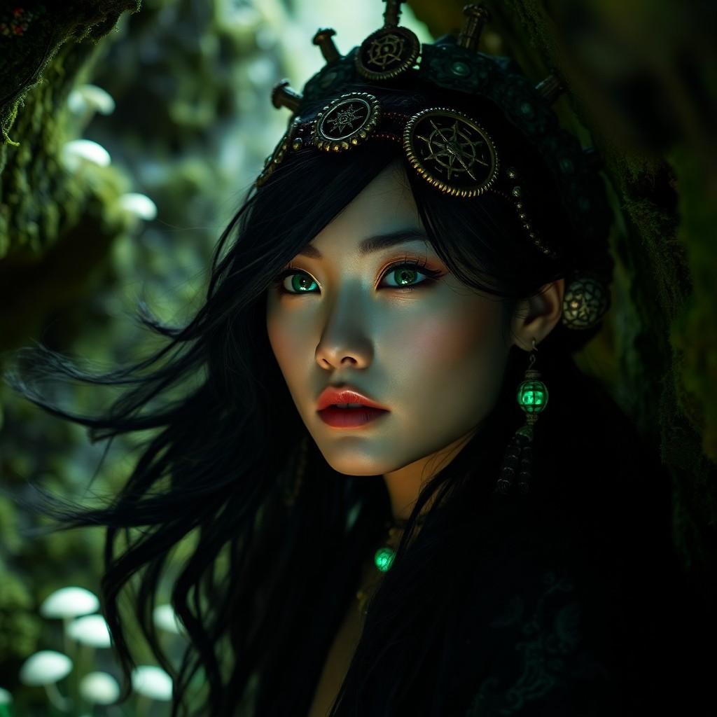 AI generated art for prompt: A portrait photograph depicts an East Asian female oracle with captivating emerald eyes and flowing 