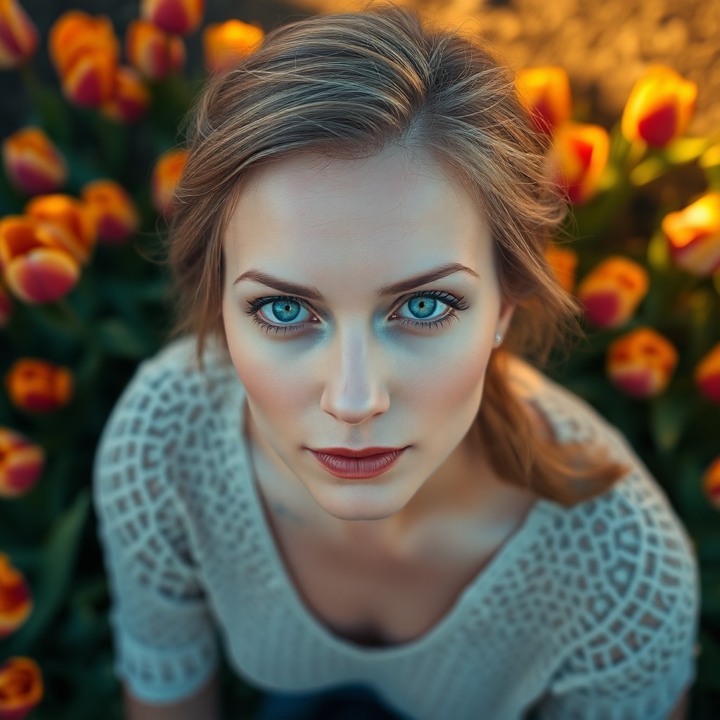 AI generated art for prompt: Create a photorealistic portrait of a Slavic woman in her early forties with striking blue eyes and 