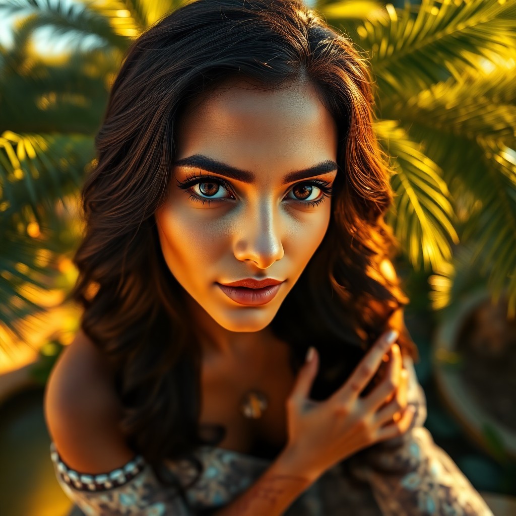 AI generated art for prompt: Craft a hyperrealistic portrait of a Middle Eastern woman with captivating dark eyes and smooth oliv